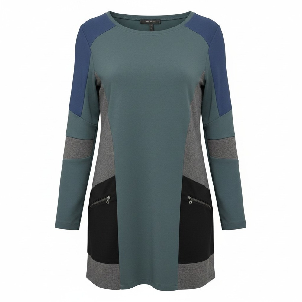 BCBGMAXAZRIA Womens Colorblock Long Sleeve Mini Shift Dress Teal Grey Blue SZ M